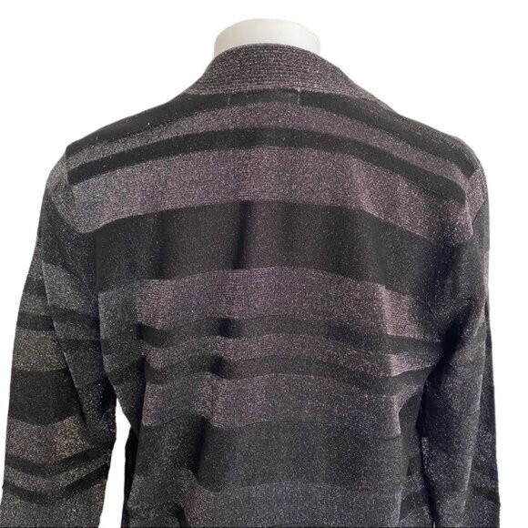 August Silk Black & Gray Metallic Striped 3/4 Sleeve Cardigan Sweater Size L - Picture 10 of 12